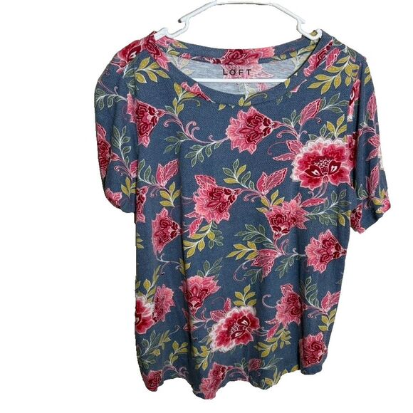 Loft T-Shirt Women's Large Floral Short Sleeve Round Neck Colorful Boho Shirt - Picture 1 of 8